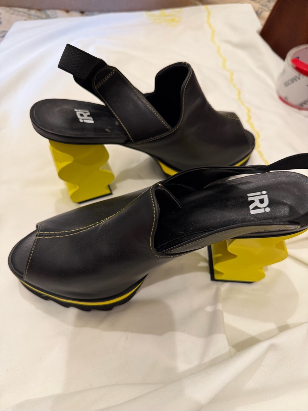 Black Slingback Heels with Yellow Sculpted Block Heel. Brand New. Iri - Picture 6 of 8
